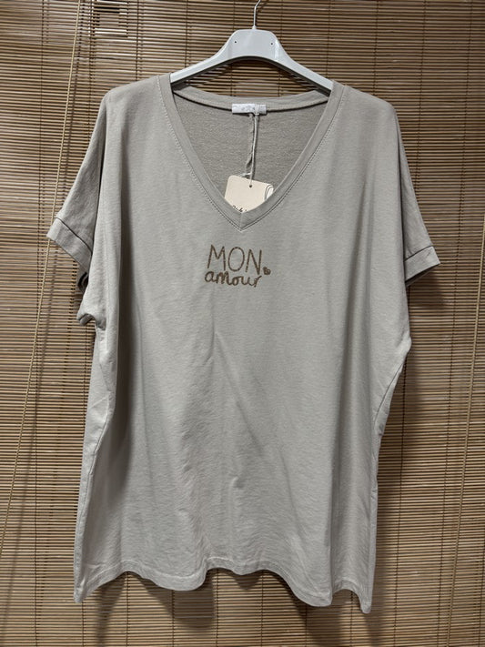 T-shirt col V Mon Amour beige
