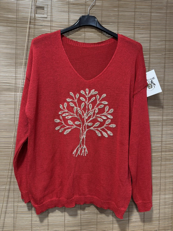 Pull fin Arbre de Vie rouge