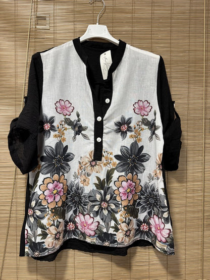 Blouse fleurie blanche et noire