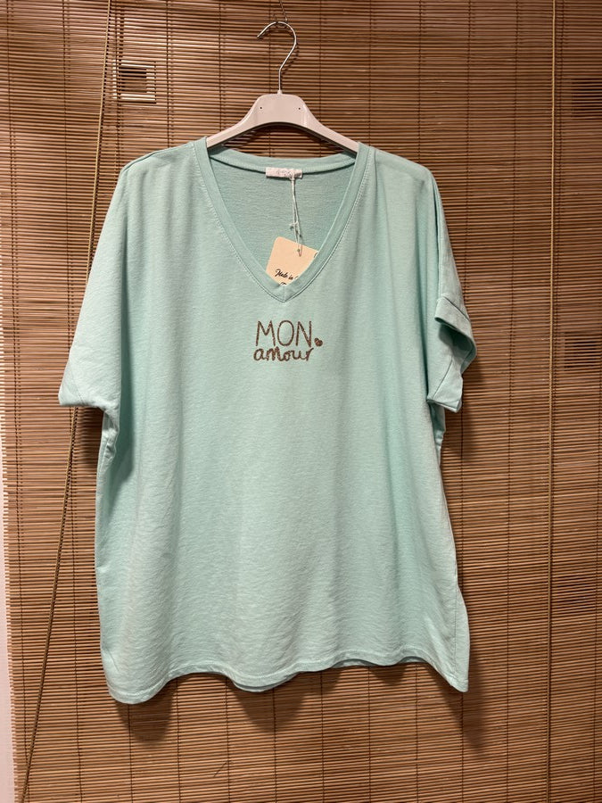 T-shirt col V Mon Amour turquoise