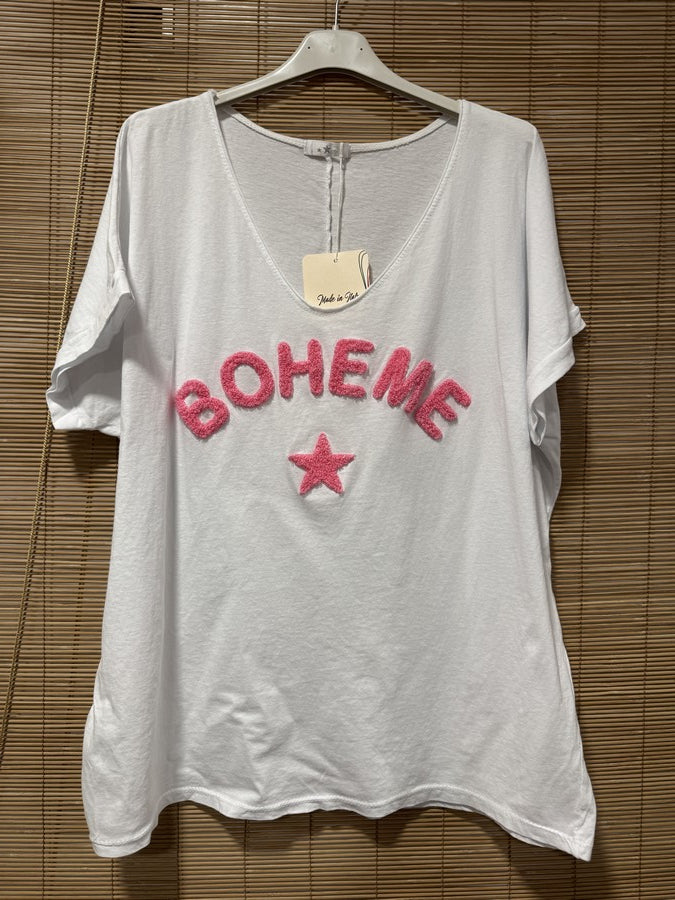 T-shirt blanc BOHEME rose