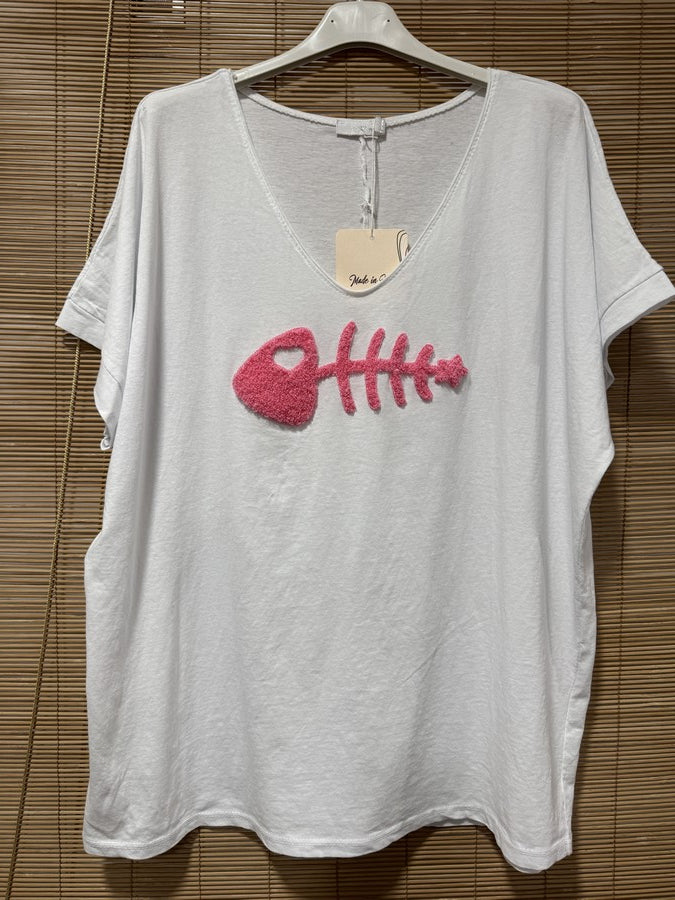 T-shirt blanc POISSON rose