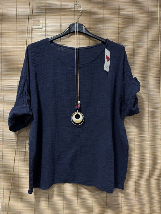 Blouse coton bleu marine avec sautoir