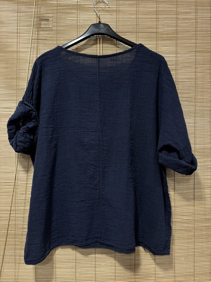 Blouse coton bleu marine avec sautoir