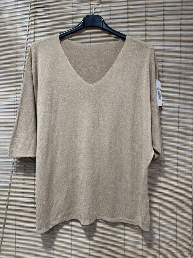 Pull fin fluide manches courtes beige