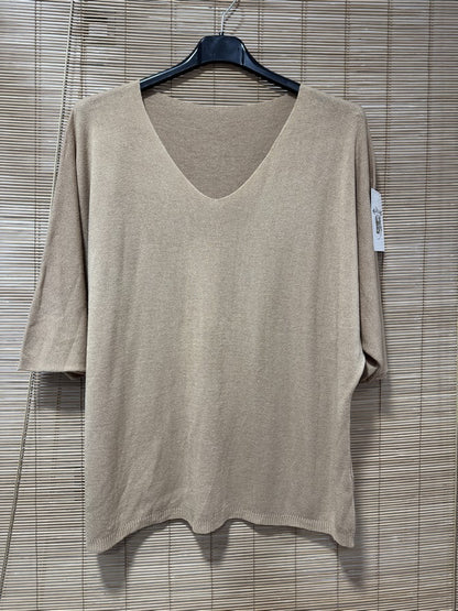 Pull fin fluide manches courtes beige