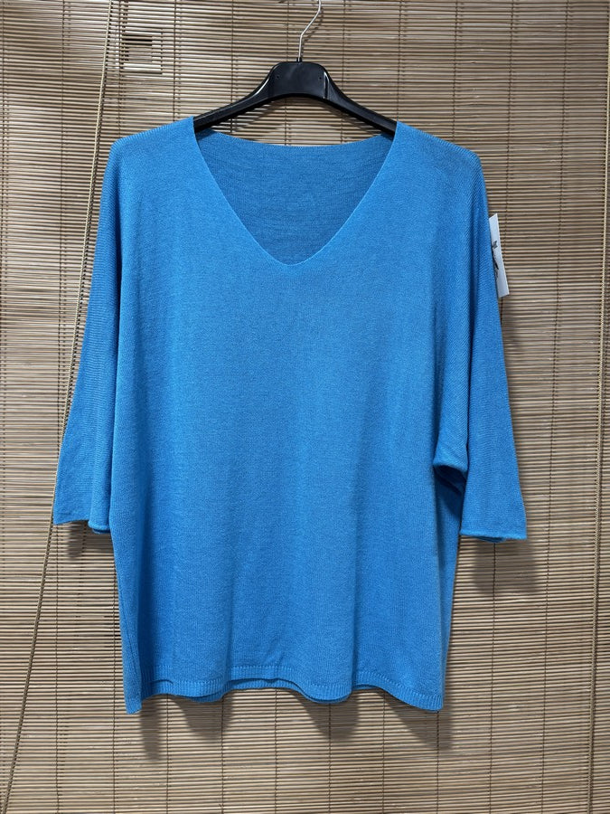 Pull fin fluide manches courtes bleu
