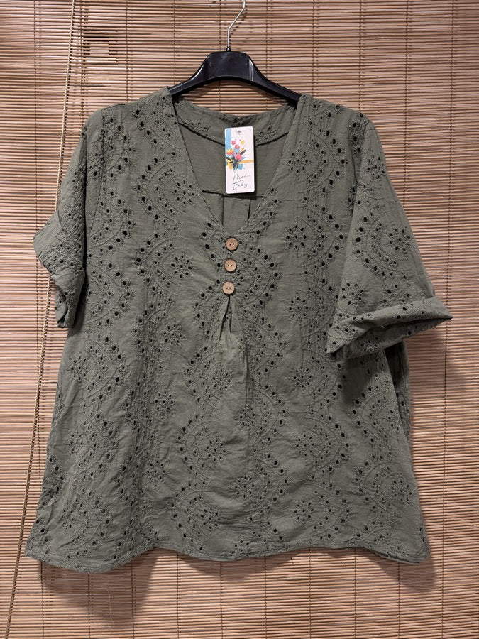 Blouse broderie anglaise kaki