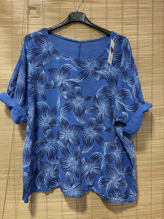 Blouse fleurie bleu roi