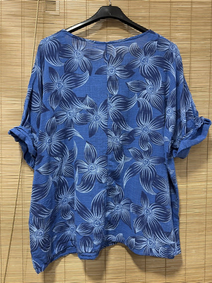 Blouse fleurie bleu roi