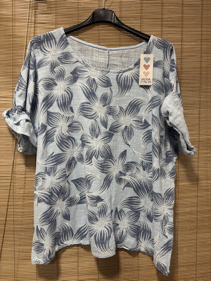 Blouse fleurie bleu ciel