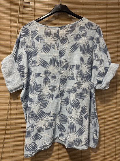 Blouse fleurie bleu ciel