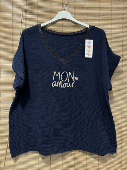 Blouse gaze de coton MON AMOUR bleu marine