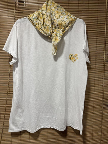 GRANDE TAILLE - T-shirt tunique cœur + fichu fleuri jaune/blanc