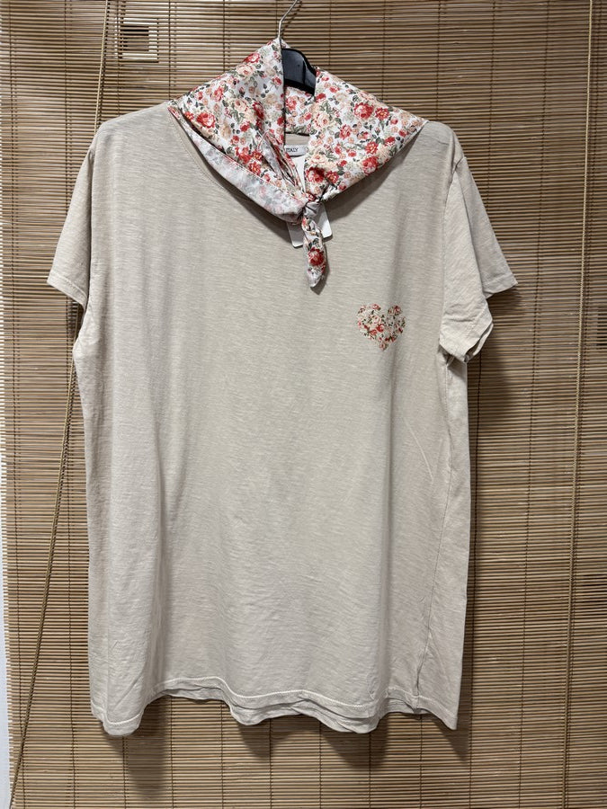 GRANDE TAILLE - T-shirt tunique cœur + fichu fleuri beige/rouge
