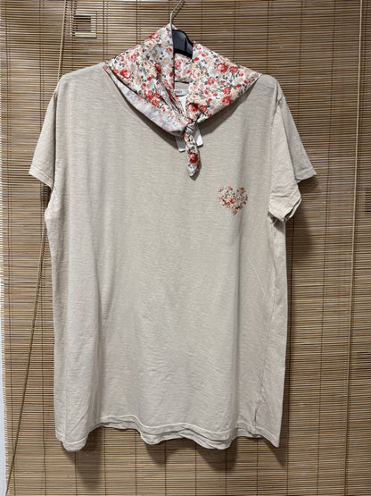 GRANDE TAILLE - T-shirt tunique cœur + fichu fleuri beige/rouge
