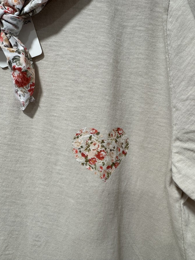 GRANDE TAILLE - T-shirt tunique cœur + fichu fleuri beige/rouge
