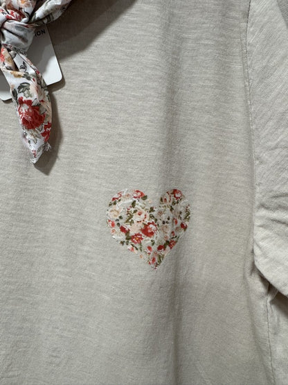 GRANDE TAILLE - T-shirt tunique cœur + fichu fleuri beige/rouge