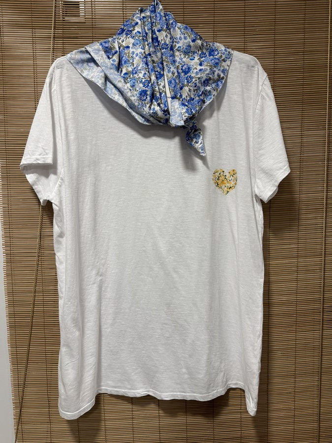 GRANDE TAILLE - T-shirt tunique cœur + fichu fleuri blanc/jaune/bleu