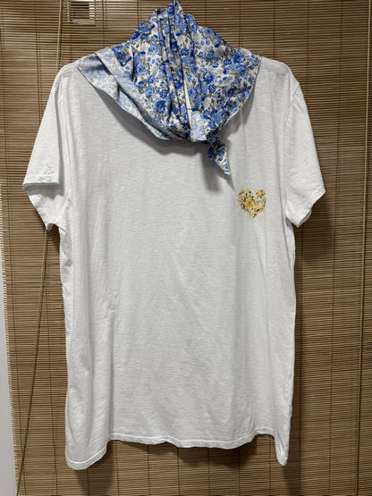 GRANDE TAILLE - T-shirt tunique cœur + fichu fleuri blanc/jaune/bleu