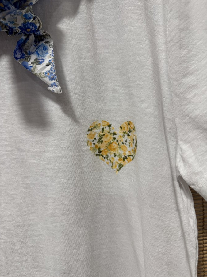 GRANDE TAILLE - T-shirt tunique cœur + fichu fleuri blanc/jaune/bleu