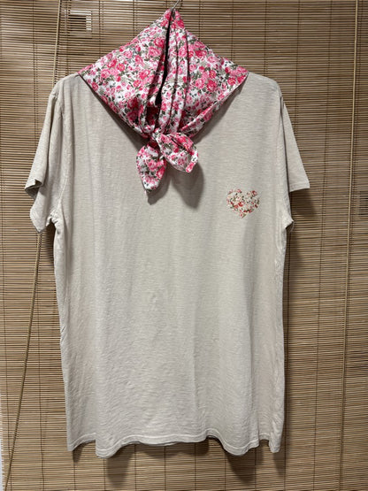 GRANDE TAILLE - T-shirt tunique cœur + fichu fleuri beige/rose