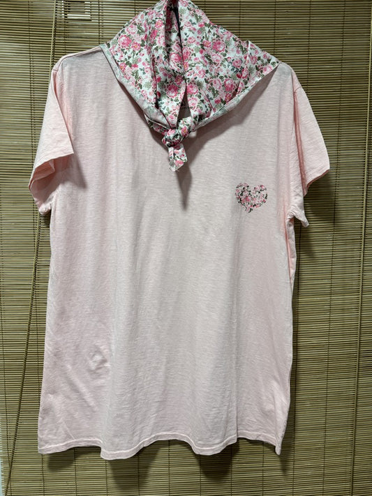 GRANDE TAILLE - T-shirt tunique cœur + fichu fleuri rose