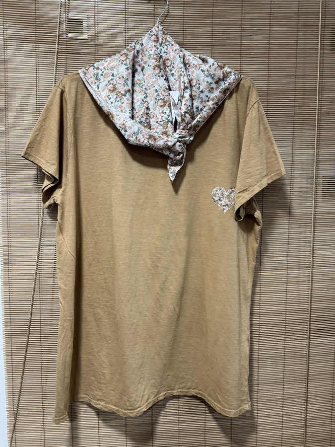 GRANDE TAILLE - T-shirt tunique cœur + fichu fleuri camel/rose