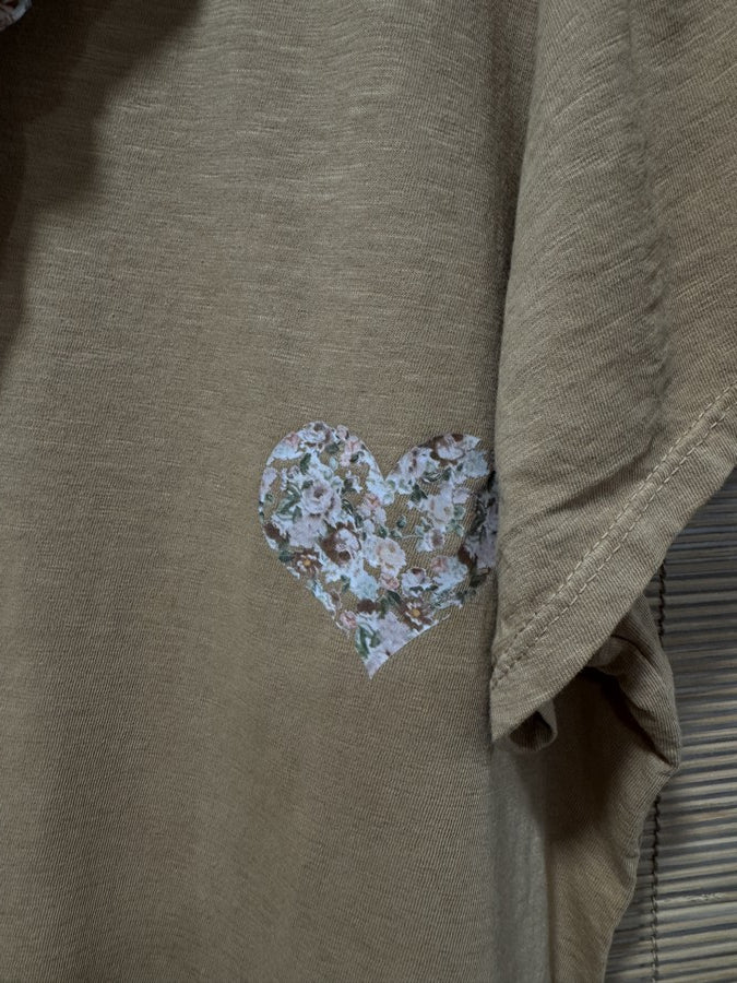 GRANDE TAILLE - T-shirt tunique cœur + fichu fleuri camel/rose