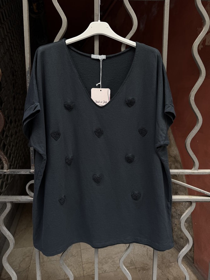 GRANDE TAILLE - T-shirt cœurs brodés noir
