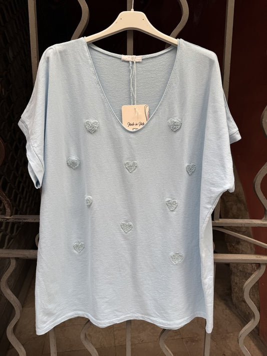 GRANDE TAILLE - T-shirt cœurs brodés bleu ciel