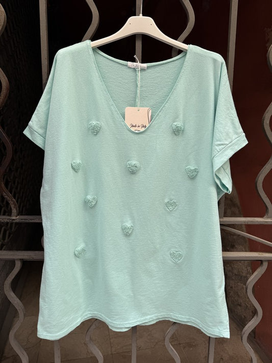 GRANDE TAILLE - T-shirt cœurs brodés menthe