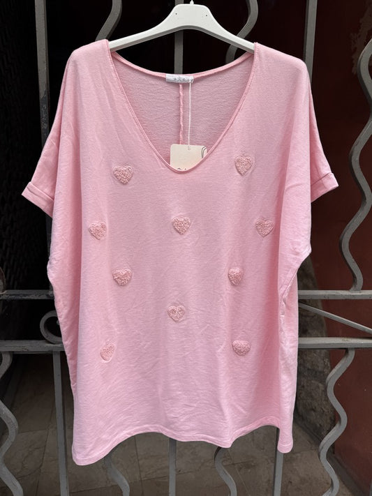 GRANDE TAILLE - T-shirt cœurs brodés rose