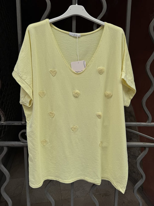 GRANDE TAILLE - T-shirt cœurs brodés jaune