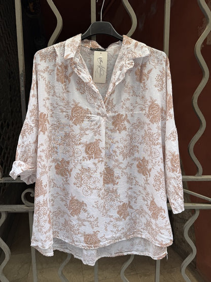Blouse voile de coton fleurie terra cotta