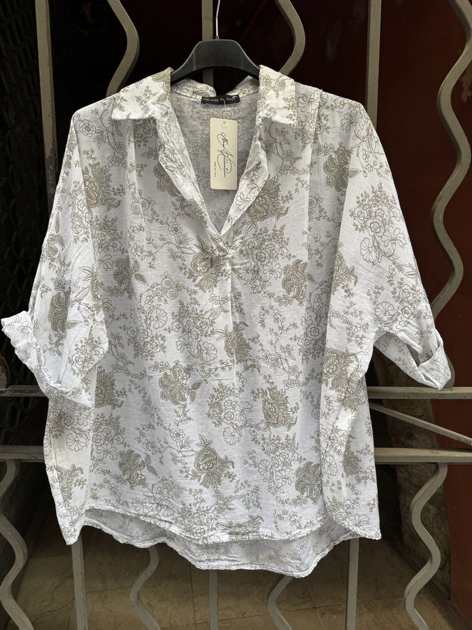 Blouse voile de coton fleurie kaki