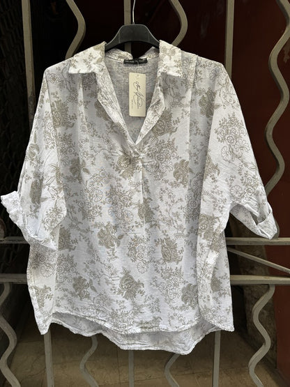 Blouse voile de coton fleurie kaki