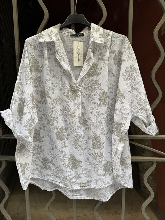 Blouse voile de coton fleurie kaki