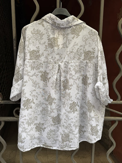 Blouse voile de coton fleurie kaki