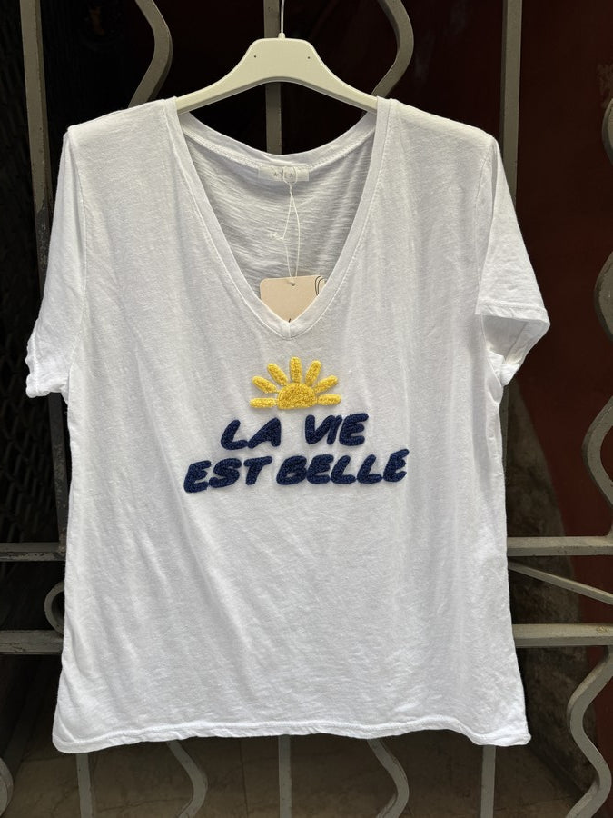 T-shirt Soleil La vie est Belle bleu marine