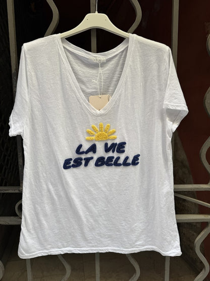T-shirt Soleil La vie est Belle bleu marine