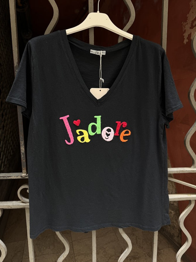 T-shirt col V J'adore noir