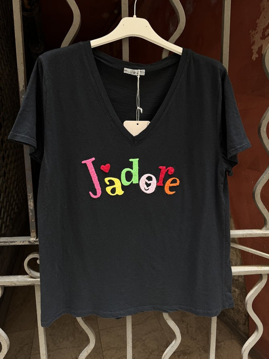 T-shirt col V J'adore noir