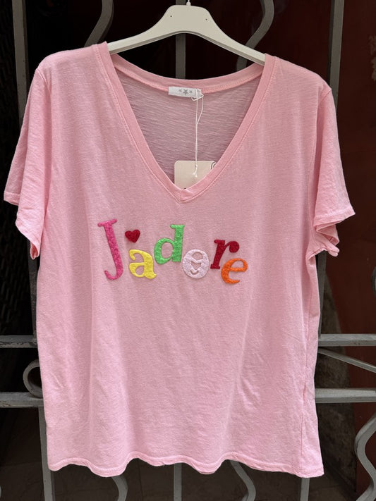 T-shirt col V J'adore rose