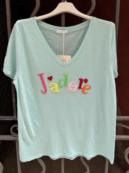 T-shirt col V J'adore menthe