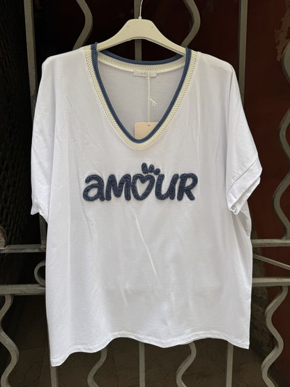 T-shirt AMOUR col V bleu jean