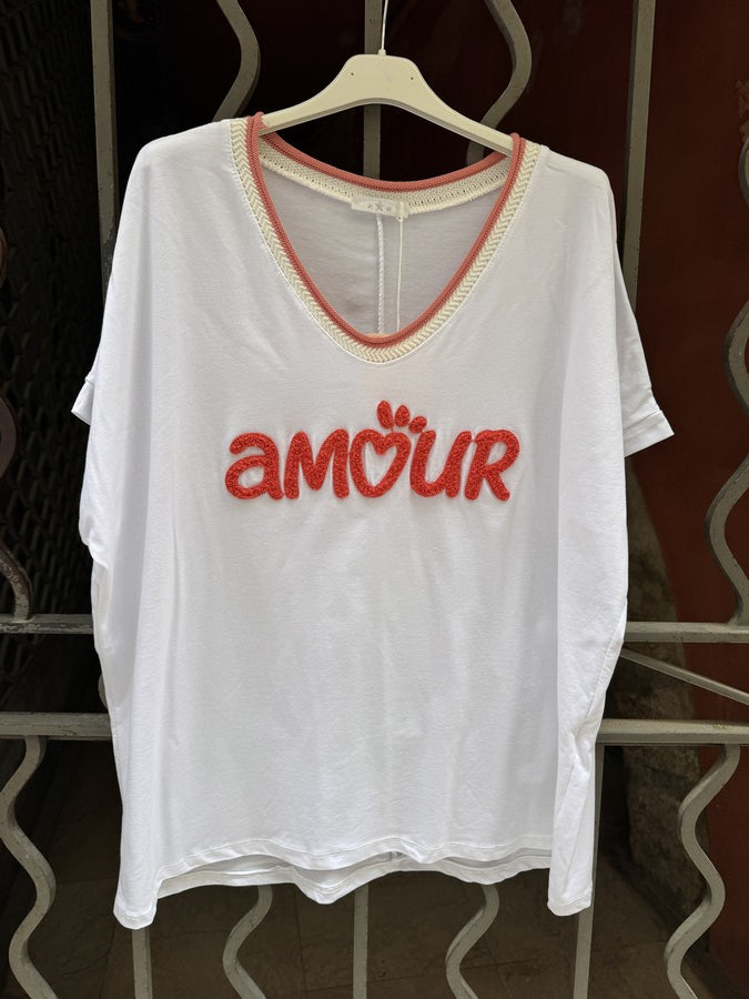 T-shirt AMOUR col V corail