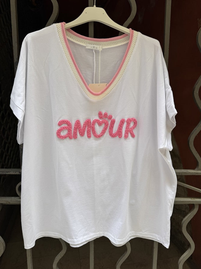 T-shirt AMOUR col V rose