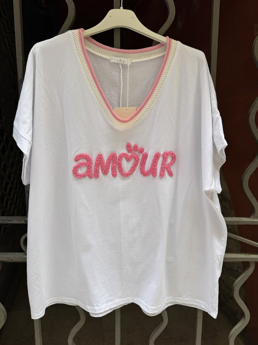 T-shirt AMOUR col V rose