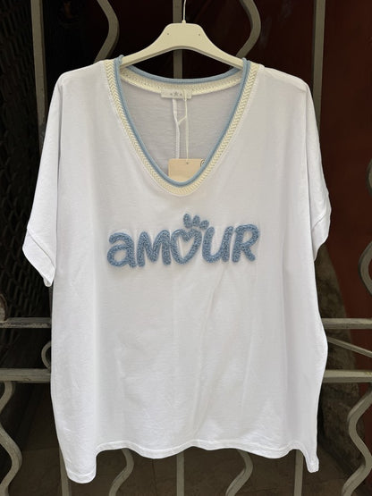 T-shirt AMOUR col V bleu ciel